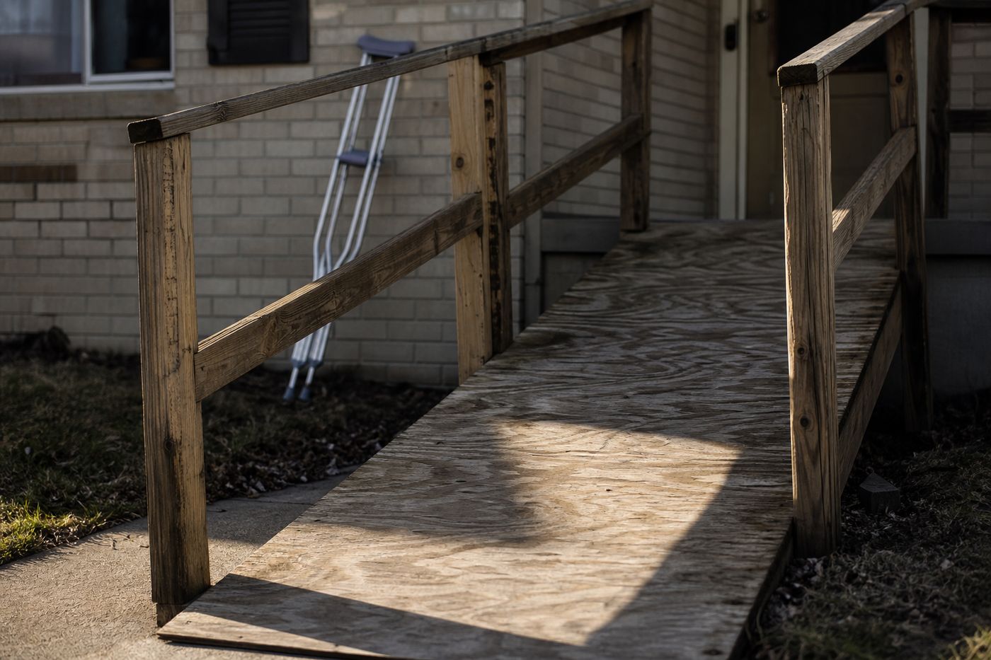 A wooden wheelchair ramp attached to a suburban home beside an ornate community fountain under construction