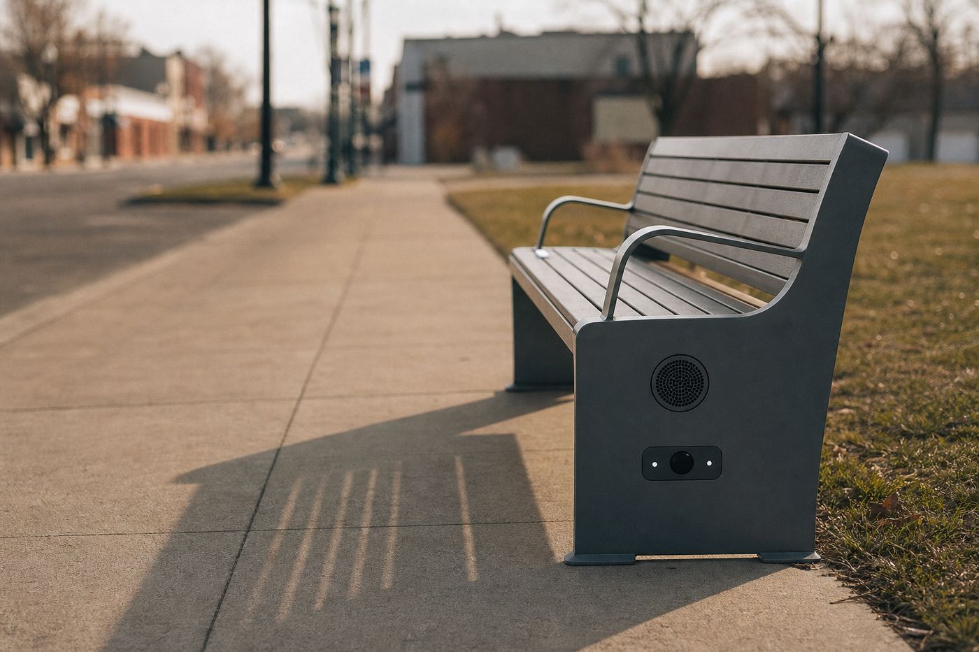 A wooden park bench with an embedded speaker and small plaque, installed on a downtown sidewalk.